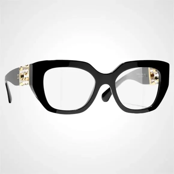 New CHANEL Eyeglasses Black Gold Cat Eye Clear Rotating Pearls 52mm - Picture 1 of 5